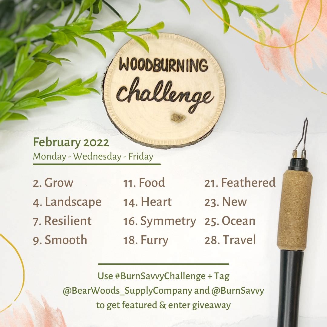 woodburning challenge, prompt list, february 2022, burn savvy challenge