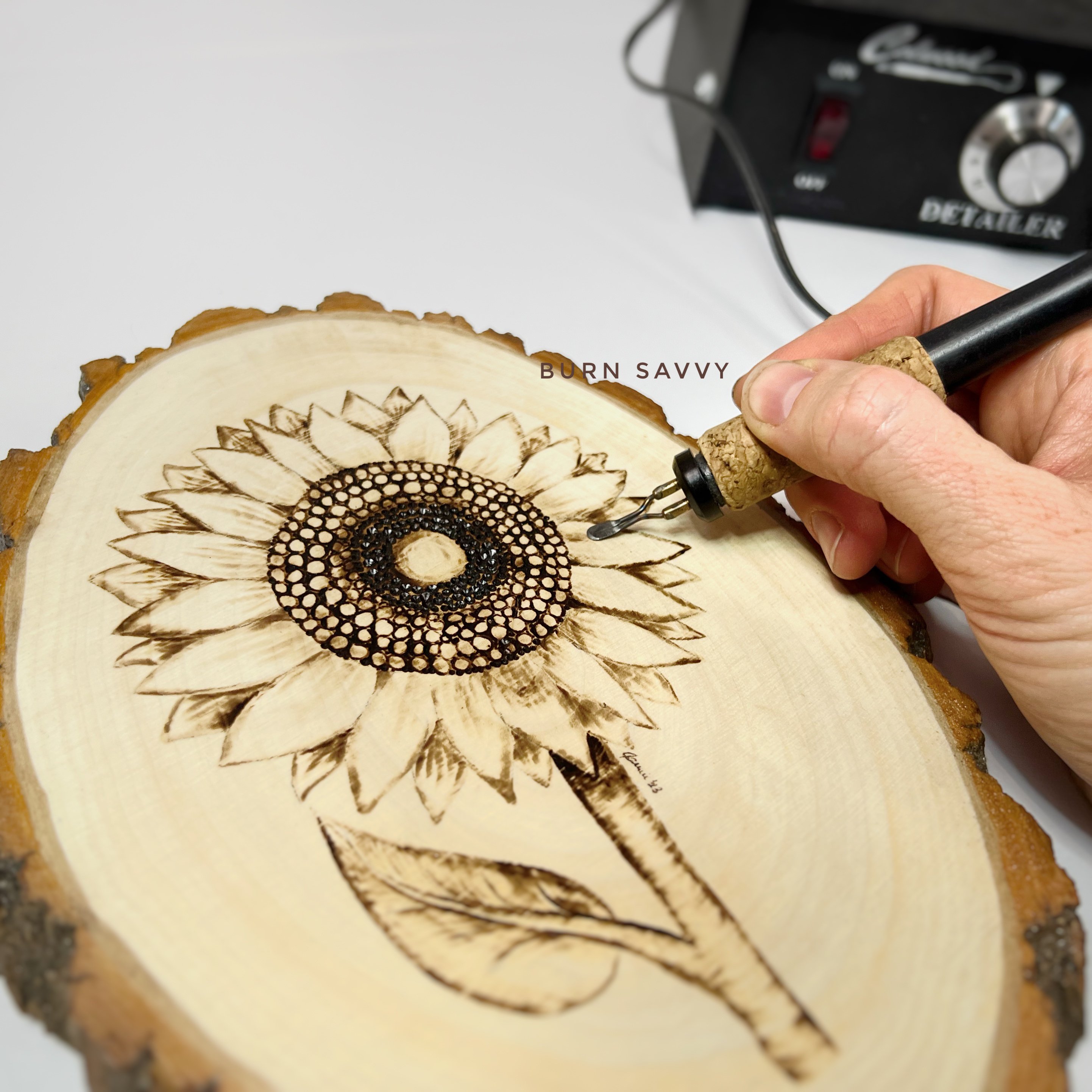 Close up burning of a sunflower with colwood detailer