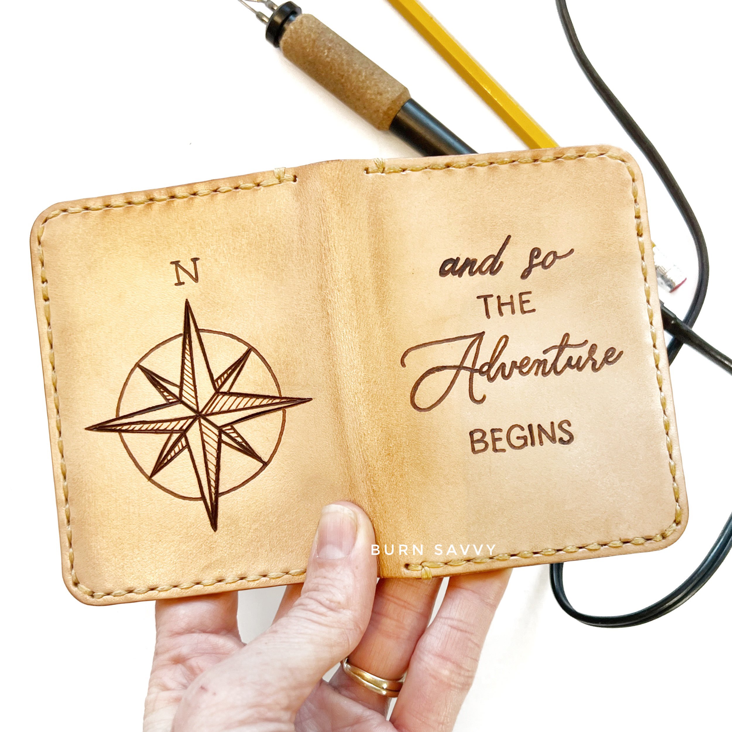 Crate Club wallet compass woodburning